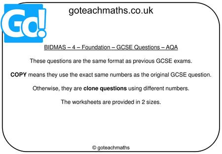 BIDMAS – 4 – Foundation – GCSE Questions – AQA