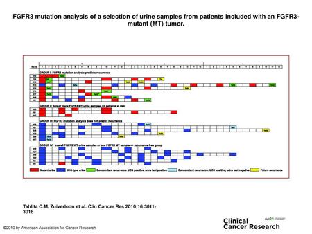 FGFR3 mutation analysis of a selection of urine samples from patients included with an FGFR3-mutant (MT) tumor. FGFR3 mutation analysis of a selection.
