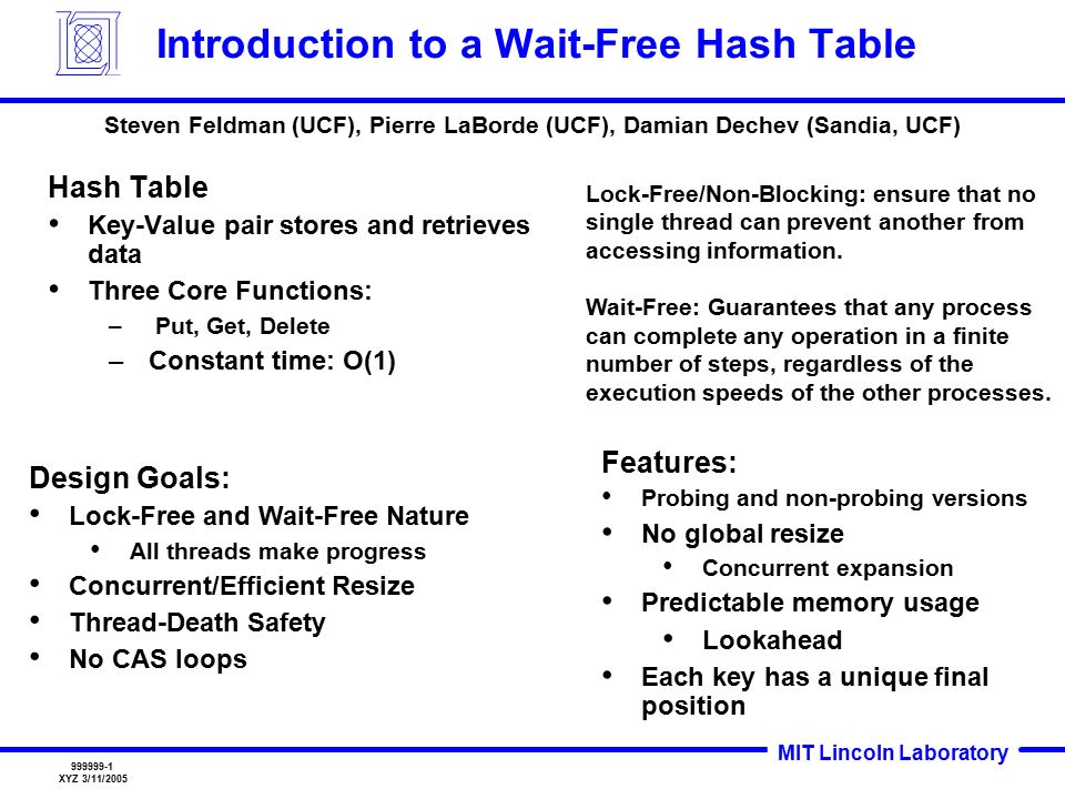 Mit Lincoln Laboratory Xyz 3 11 05 Introduction To A Wait Free Hash Table Hash Table Key Value Pair Stores And Retrieves Data Three Core Functions Ppt Download