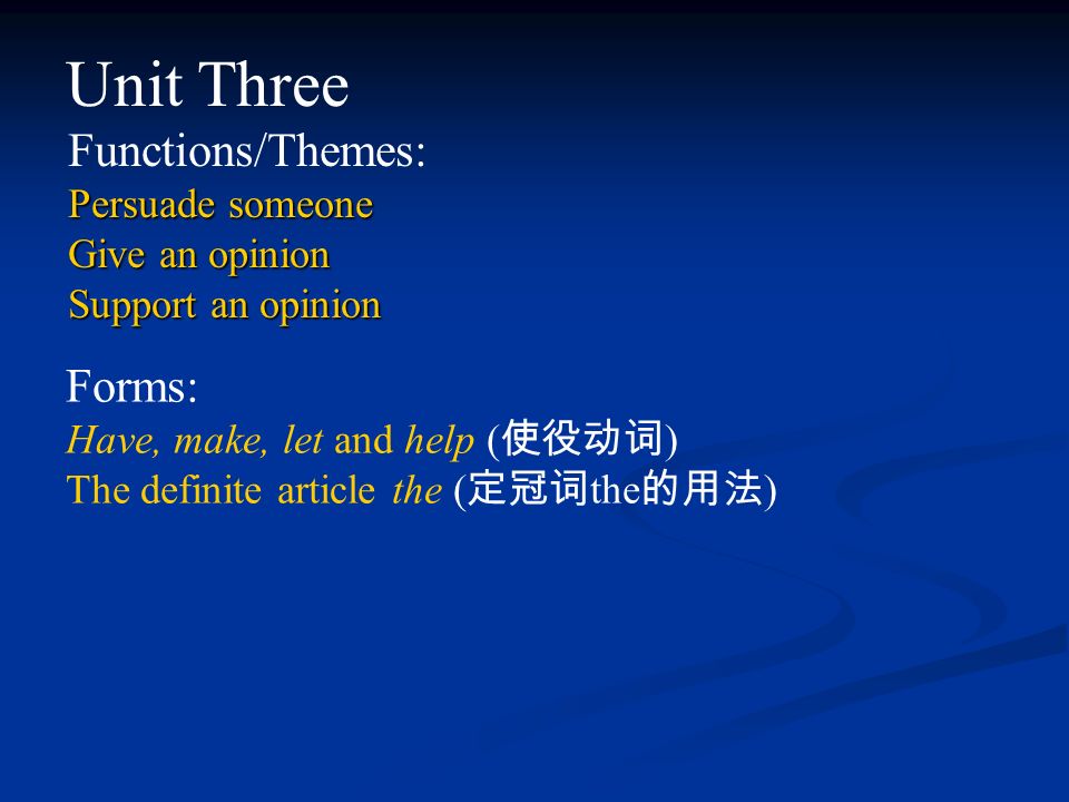 Unit Three Functions Themes Persuade Someone Give An Opinion Support An Opinion Forms Have Make Let And Help 使役动词 The Definite Article The 定冠词 Ppt Download