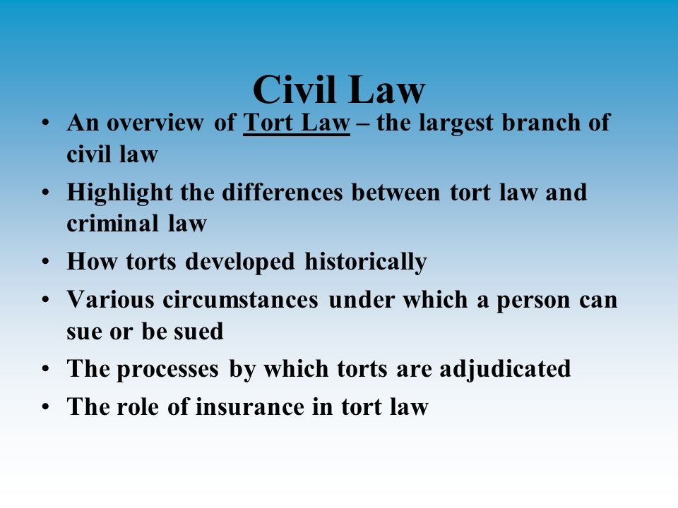 What is the difference between criminal law and tort law Civil Law An Overview Of Tort Law The Largest Branch Of Civil Law Highlight The Differences Between Tort Law And Criminal Law How Torts Developed Historically Ppt Download