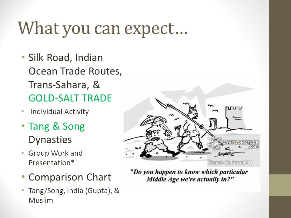 What you can expect… Silk Road, Indian Ocean Trade Routes, Trans-Sahara, &  GOLD-SALT TRADE Individual Activity Tang & Song Dynasties Group Work and  Presentation* - ppt video online download