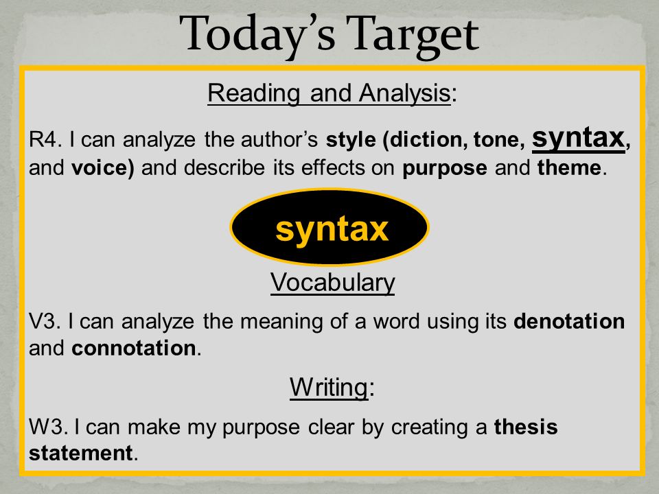 Reading and Analysis: R4. I can analyze the author's style (diction, tone,  syntax, and voice) and describe its effects on purpose and theme.  Vocabulary. - ppt download