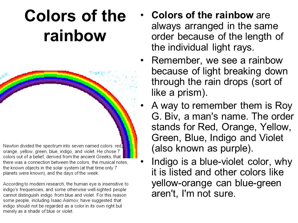 Colors Of The Rainbow Colors Of The Rainbow Are Always Arranged In The Same Order Because Of The Length Of The Individual Light Rays Remember We See Ppt Download