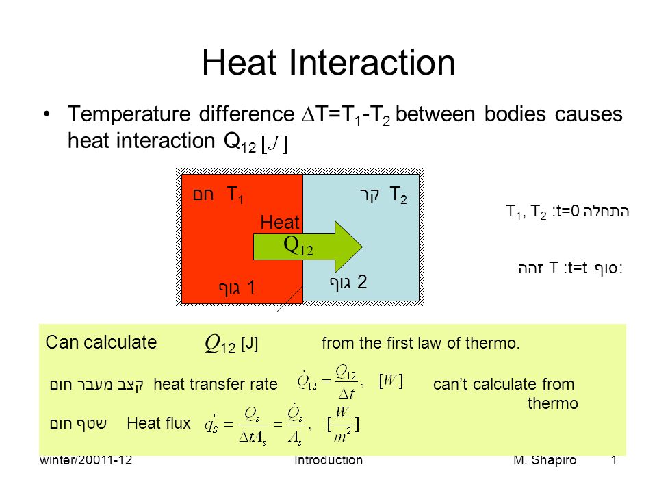 Winter Introductionm Shapiro 1 Can Calculate Q 12 J From The First Law Of Thermo קצב מעבר חום Heat Transfer Rate Can T Calculate From Thermo Ppt Download