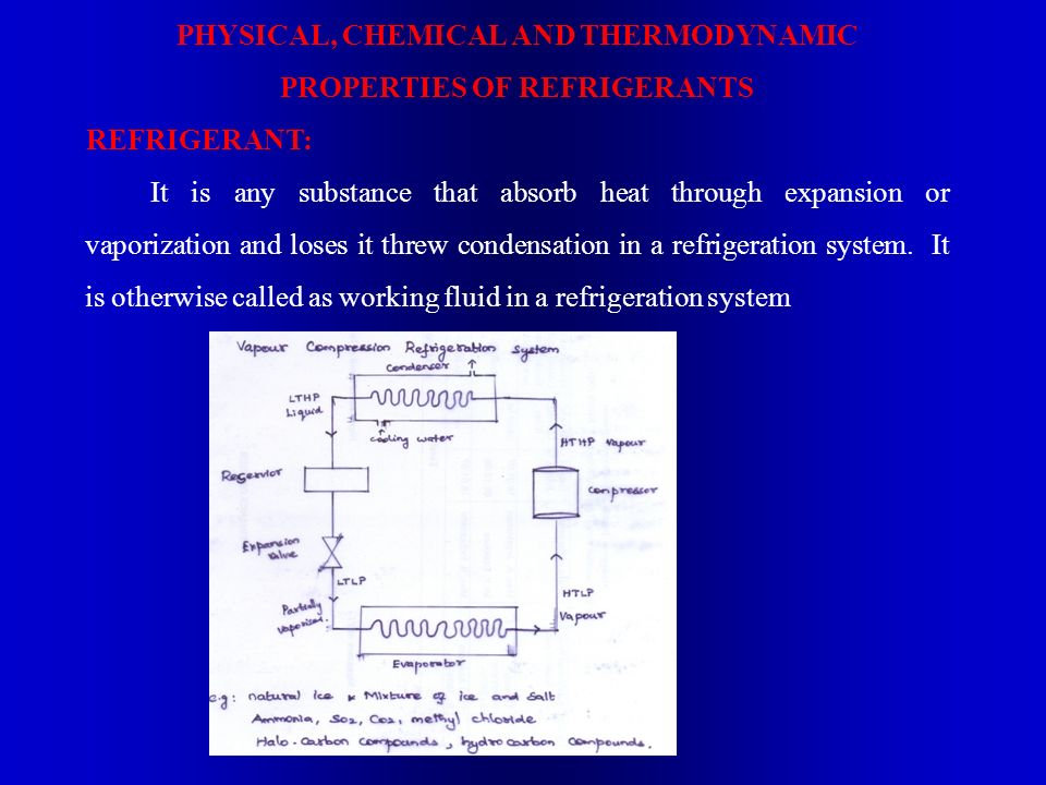 PHYSICAL, CHEMICAL AND THERMODYNAMIC PROPERTIES OF REFRIGERANTS REFRIGERANT:  It is any substance that absorb heat through expansion or vaporization and.  - ppt download