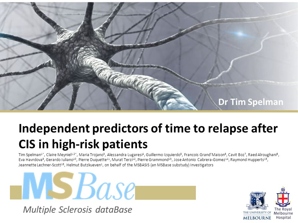 Multiple Sclerosis dataBase Independent predictors of time to relapse after  CIS in high-risk patients Tim Spelman 1*, Claire Meyniel 1,2*, Maria  Trojano. - ppt download