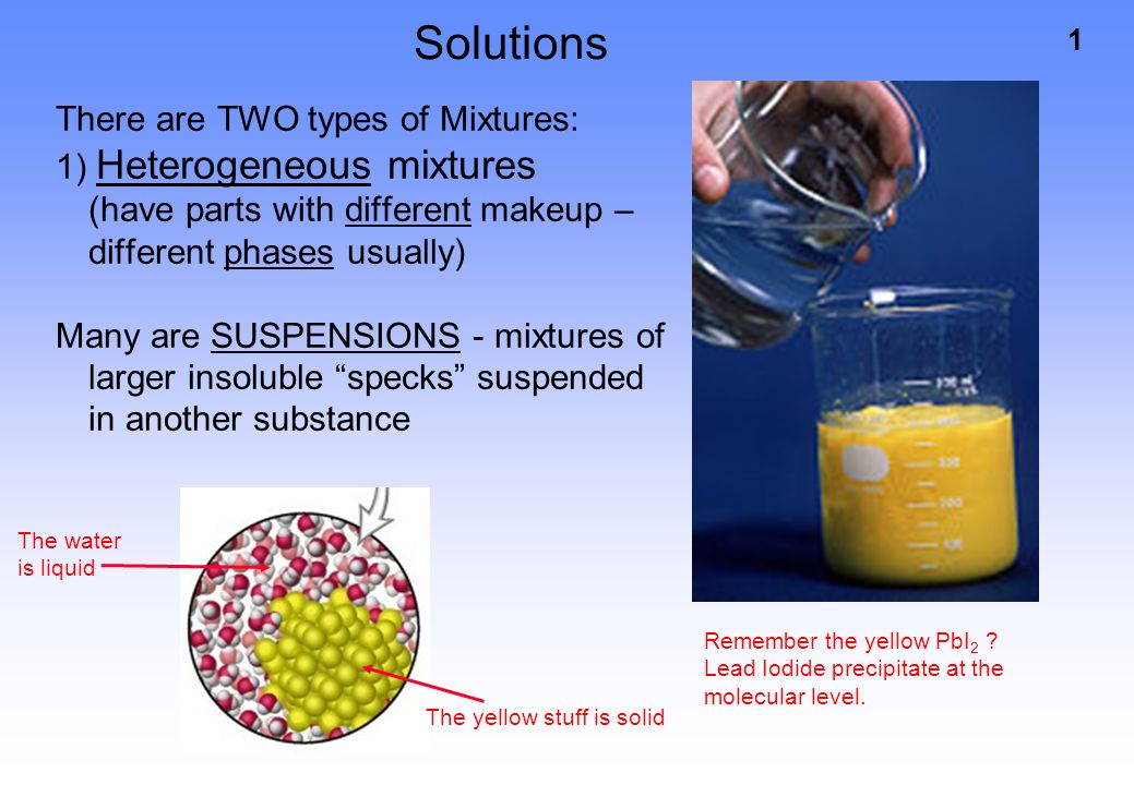 1 Solutions There Are Two Types Of Mixtures 1 Heterogeneous Mixtures Have Parts With Different Makeup Different Phases Usually Many Are Suspensions Ppt Download 1 Solutions There Are Two Types Of Mixtures 1 Heterogeneous Mixtures Have Parts With Different Makeup Different Phases Usually Many Are Suspensions Ppt Download