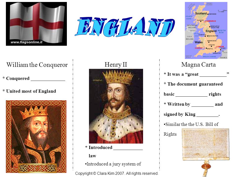William the Conqueror Henry IIMagna Carta * Conquered * United most of  England * Introduced ______ law Introduced a jury system of. - ppt download
