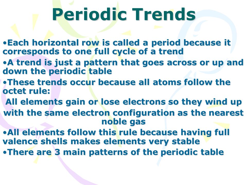 Periodic Trends Each horizontal row is called a period because it