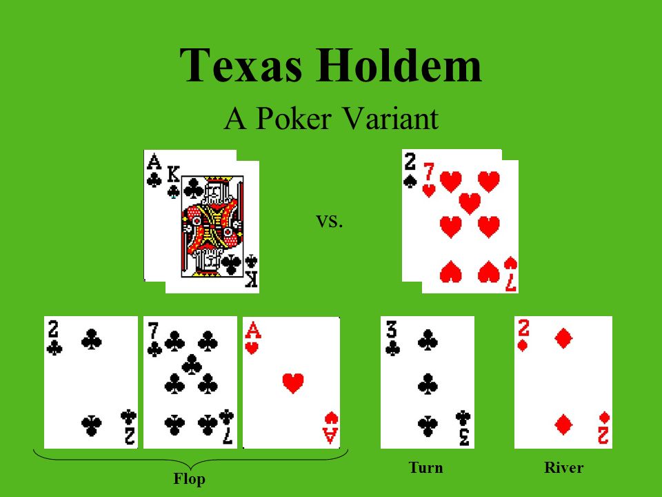 Texas Holdem A Poker Variant vs. Flop TurnRiver. How to Play Everyone is  dealt 2 cards face down (Hole Cards) 5 Community Cards Best 5-Card Hand  Wins. - ppt download
