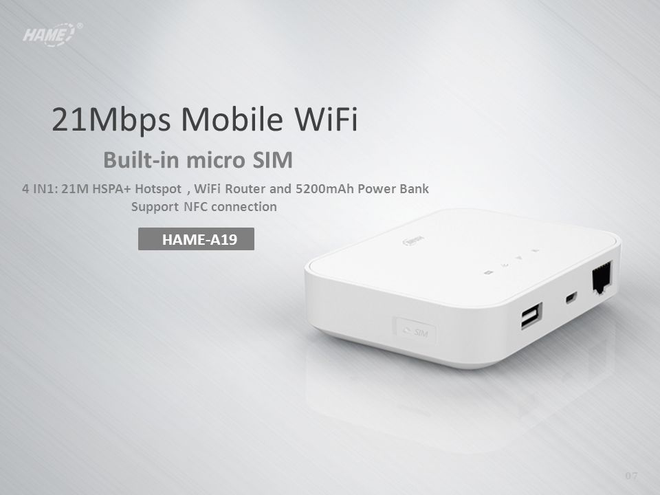 HAME-A19 07 Built-in micro SIM 21Mbps Mobile WiFi 4 IN1: 21M HSPA+ Hotspot,  WiFi Router and 5200mAh Power Bank Support NFC connection. - ppt download