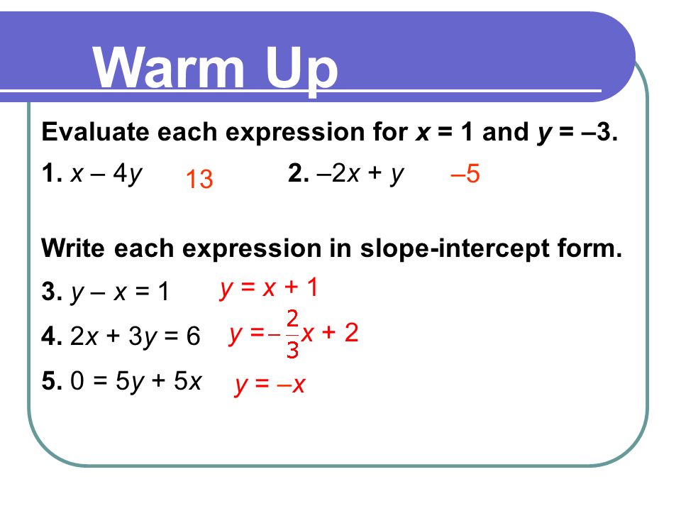 Evaluate Each Expression For X 1 And Y 3 1 X 4y 2 2x Y Write Each Expression In Slope Intercept Form 3 Y X X 3y 5y Ppt Download