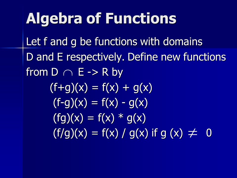 Algebra Of Functions Let F And G Be Functions With Domains D And E Respectively Define New Functions From D E R By F G X F X G X F G X Ppt Algebra Of Functions Let F And G Be Functions With Domains D And E Respectively Define New Functions From D E R By F G X F X G X F G X Ppt