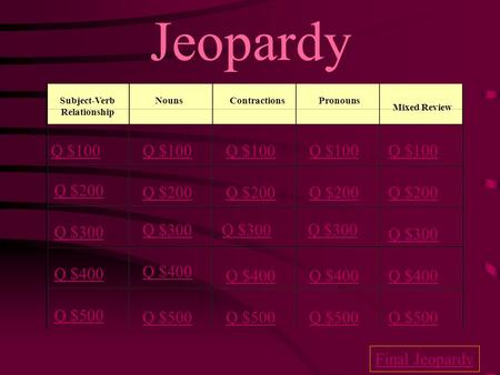 Jeopardy Subject-Verb Relationship NounsContractionsPronouns Mixed Review Q $100 Q $200 Q $300 Q $400 Q $500 Q $100 Q $200 Q $300 Q $400 Q $500 Final.