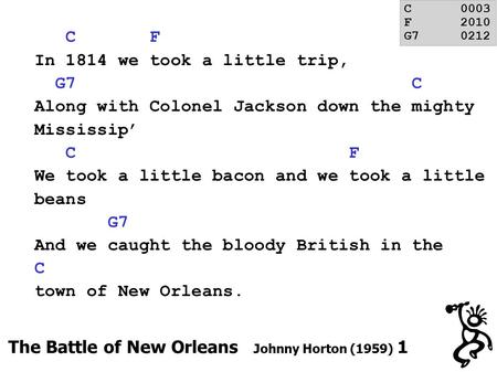 C F In 1814 we took a little trip, G7 C Along with Colonel Jackson down the mighty Mississip’ C F We took a little bacon and we took a little beans G7.