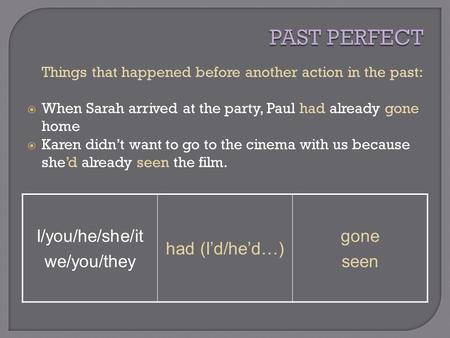 Things that happened before another action in the past:  When Sarah arrived at the party, Paul had already gone home  Karen didn’t want to go to the.