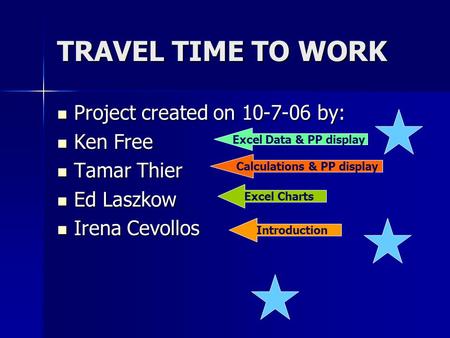 TRAVEL TIME TO WORK Project created on 10-7-06 by: Project created on 10-7-06 by: Ken Free Ken Free Tamar Thier Tamar Thier Ed Laszkow Ed Laszkow Irena.