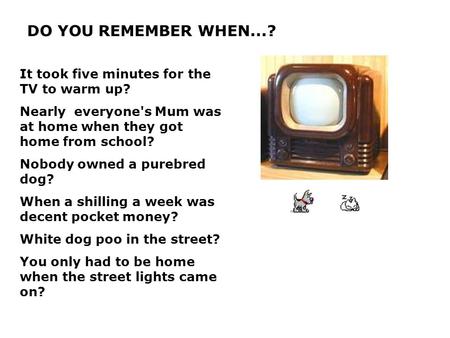 DO YOU REMEMBER WHEN...? It took five minutes for the TV to warm up? Nearly everyone's Mum was at home when they got home from school? Nobody owned a purebred.