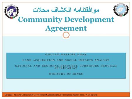 GHULAM DASTGIR KHAN LAND ACQUISITION AND SOCIAL IMPACTS ANALYST NATIONAL AND REGIONAL RESOURCE CORRIDORS PROGRAM SECRETARIAT MINISTRY OF MINES GHULAM DASTGIR.