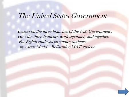 The United States Government Lesson on the three branches of the U.S. Government. How the three branches work separately and together. For Eighth grade.