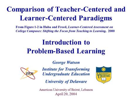 Comparison of Teacher-Centered and Learner-Centered Paradigms From Figure 1-2 in Huba and Freed, Learner-Centered Assessment on College Campuses: Shifting.