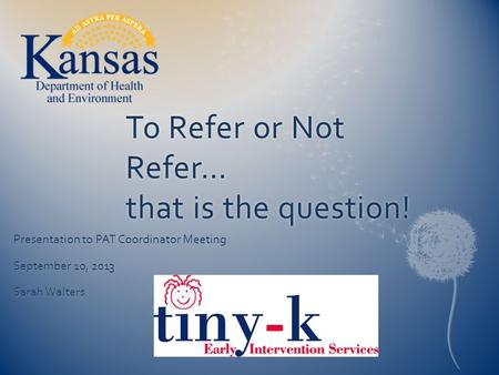 To Refer or Not Refer… that is the question! Presentation to PAT Coordinator Meeting September 10, 2013 Sarah Walters.