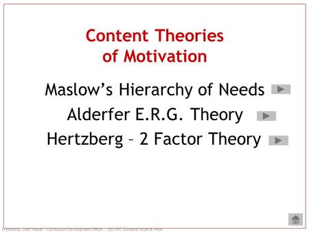 Created by Joan Walker – Curriculum Development Officer – JISC RSC Scotland South & West Content Theories of Motivation Maslow’s Hierarchy of Needs Alderfer.