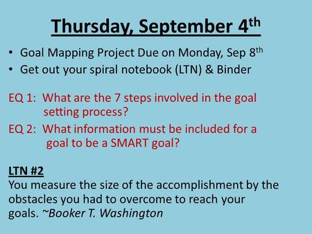 Thursday, September 4 th Goal Mapping Project Due on Monday, Sep 8 th Get out your spiral notebook (LTN) & Binder EQ 1: What are the 7 steps involved in.