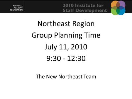 Northeast Region Group Planning Time July 11, 2010 9:30 - 12:30 The New Northeast Team.