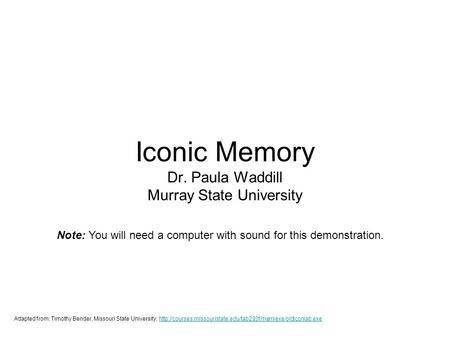 Iconic Memory Dr. Paula Waddill Murray State University Adapted from: Timothy Bender, Missouri State University;