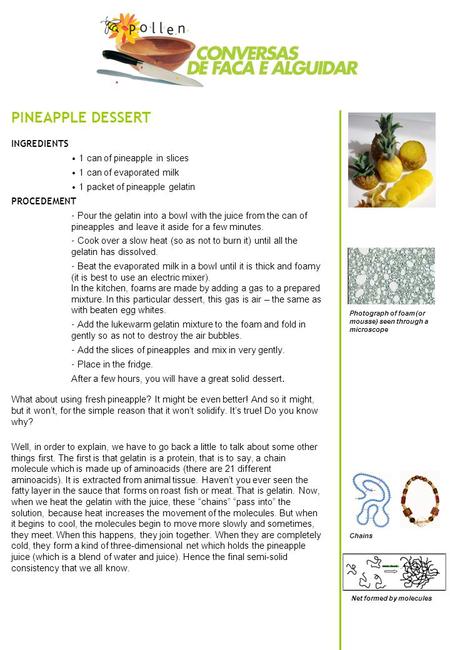 PINEAPPLE DESSERT INGREDIENTS 1 can of pineapple in slices 1 can of evaporated milk 1 packet of pineapple gelatin PROCEDEMENT - Pour the gelatin into a.