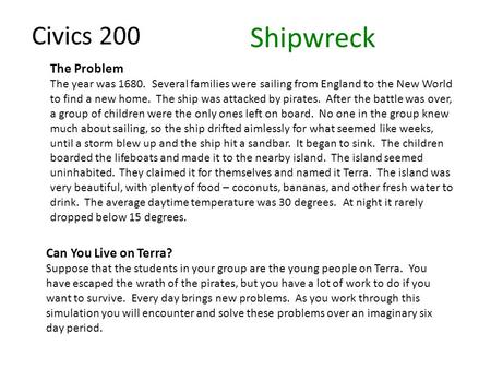 Civics 200 Shipwreck The Problem The year was 1680. Several families were sailing from England to the New World to find a new home. The ship was attacked.