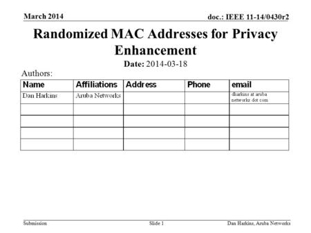 Submission doc.: IEEE 11-14/0430r2 March 2014 Dan Harkins, Aruba NetworksSlide 1 Randomized MAC Addresses for Privacy Enhancement Date: 2014-03-18 Authors: