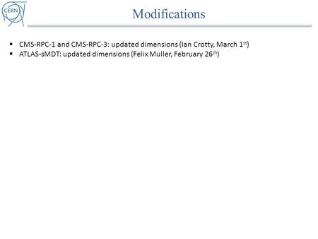 Modifications  CMS-RPC-1 and CMS-RPC-3: updated dimensions (Ian Crotty, March 1 st )  ATLAS-sMDT: updated dimensions (Felix Muller, February 26 th )