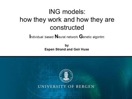 ING models: how they work and how they are constructed I ndividual based N eural network G enetic algoritm by Espen Strand and Geir Huse.