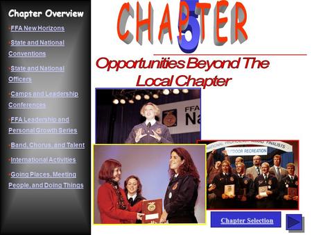 Chapter Overview FFA New Horizons State and National ConventionsState and National Conventions State and National OfficersState and National Officers Camps.