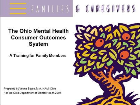 The Ohio Mental Health Consumer Outcomes System A Training for Family Members Prepared by Velma Beale, M.A. NAMI Ohio For the Ohio Department of Mental.