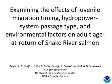 Examining the effects of juvenile migration timing, hydropower- system passage type, and environmental factors on adult age- at-return of Snake River salmon.