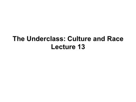 The Underclass: Culture and Race Lecture 13. Today’s Readings Schiller Ch. 8: The Underclass: Culture and Race Bane and Mead, Lifting Up the Poor, pp.