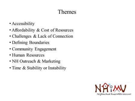 Accessibility Themes Affordability & Cost of Resources Challenges & Lack of Connection Defining Boundaries Community Engagement Human Resources NH Outreach.