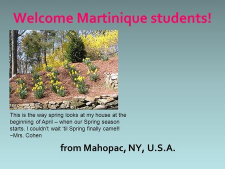 From Mahopac, NY, U.S.A. Welcome Martinique students! This is the way spring looks at my house at the beginning of April – when our Spring season starts.
