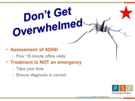1  Assessment of ADHD › Four 15 minute office visits  Treatment is NOT an emergency › Take your time › Ensure diagnosis is correct 1 www.freedigitalphotos.netwww.freedigitalphotos.net.