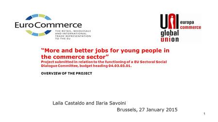 1 Laila Castaldo and Ilaria Savoini Brussels, 27 January 2015 “More and better jobs for young people in the commerce sector” Project submitted in relation.