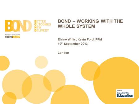 BOND – WORKING WITH THE WHOLE SYSTEM Elaine Willis, Kevin Ford, FPM 10 th September 2013 London.