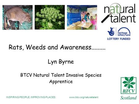 INSPIRING PEOPLE, IMPROVING PLACESwww.btcv.org/naturaltalent Rats, Weeds and Awareness......... Lyn Byrne BTCV Natural Talent Invasive Species Apprentice.