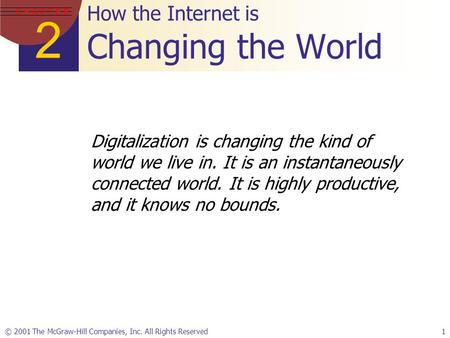 2 C H A P T E R © 2001 The McGraw-Hill Companies, Inc. All Rights Reserved1 How the Internet is Changing the World Digitalization is changing the kind.