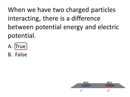 When we have two charged particles interacting, there is a difference between potential energy and electric potential. A.True B.False.