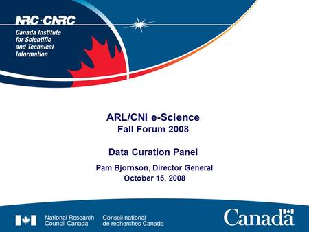 ARL/CNI e-Science Fall Forum 2008 Data Curation Panel Pam Bjornson, Director General October 15, 2008.