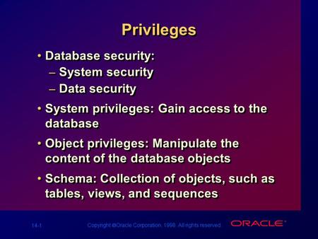 14-1 Copyright  Oracle Corporation, 1998. All rights reserved. Privileges Database security: – System security – Data security System privileges: Gain.